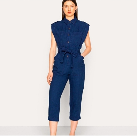 EUC BANANA REPUBLIC LINEN BLEND INDIGO UTILITY JUMPSUIT DARK INDIGO SZ XS - Picture 1 of 12